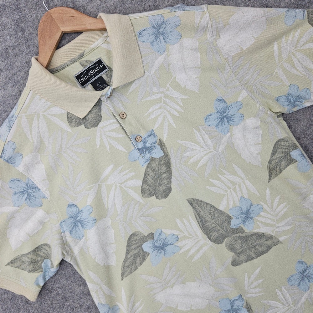 Field & Stream Polo Shirt Men's Large Pastel Green Floral Tropical Short Sleeve